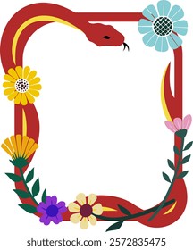 An artistic floral rectangle frame featuring a red snake intertwined with colorful flowers, suitable for Year of the Snake celebrations. Perfect for invitations, greeting cards, decorative borders.