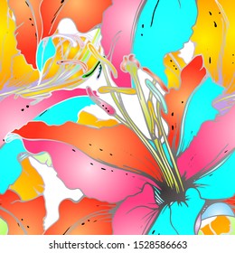 Artistic Floral Seamless Pattern. Colorful Botanical Vector Motif. Blooming Texture For Fashion Prints. Outline Lily Flowers Surface. Art Background. Elegant Sketches Drawing Illustrated.