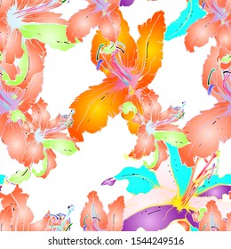 Artistic Floral Seamless Pattern. Colorful Botanical Vector Motif. Blooming Texture For Fashion Prints. Outline Lily Flowers Surface. Hand Drawn Design. Elegant Sketches Drawing Illustrated.
