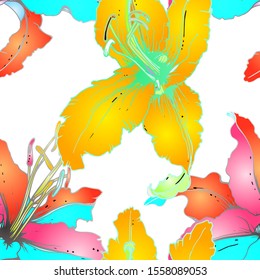 Artistic Floral Seamless Pattern. Colorful Botanical Vector Motif. Blooming Texture For Fashion Prints. Outline Lily Flowers Surface. Summer Motif. Elegant Sketches Drawing Illustrated.