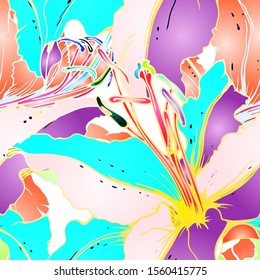 Artistic Floral Seamless Pattern. Colorful Botanical Vector Motif. Blooming Texture For Fashion Prints. Outline Lily Flowers Surface. Style Design. Elegant Sketches Drawing Illustrated.
