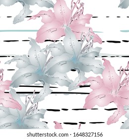 Artistic Floral Seamless Pattern. Colorful Botanical Vector Motif. Blooming Texture For Fashion Prints. Outline Lily Flowers Surface. Art Stripes Ornament. Elegant Sketches Drawing Illustrated.