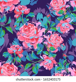 Artistic floral seamless pattern made of opulent blooming roses. Acrilic painting with large flower buds and leaves. Vector botanical illustration for fabric and textile. 