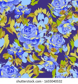 Patrón artístico floral transparente hecho de rosas opulentas florecientes. Pintura acrílica con grandes brotes de flores y hojas. Ilustración botánica vectorial para tela y textil. 