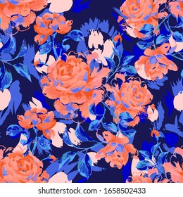 Patrón artístico floral transparente hecho de rosas opulentas florecientes. Pintura acrílica con grandes brotes de flores y hojas. Ilustración botánica vectorial para tela y textil. 