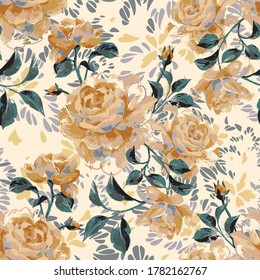 Artistic floral seamless pattern made of opulent blooming roses. Acrilic painting with large flower buds and leaves. Gentle color. Vector botanical illustration for fabric and textile. 