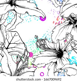 Artistic Floral Seamless Pattern. Outline Flowers Surface. Botanical Vector Motif. Blooming on Watercolor Texture For Fashion. Drawing Abstract Leaf. Trends Tropic Background. Black and White Print.