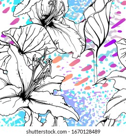 Artistic Floral Seamless Pattern. Outline Flowers Surface. Botanical Vector Motif. Blooming on Watercolor Texture For Fashion. Drawing Abstract Leaf. Trends Tropic Background. Black and White Print.