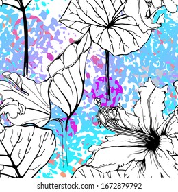 Patrón artístico floral sin soldadura. Superficie de las Flores de contorno. Vector Botánico Motif. Florecer en la textura acuática para la moda. Dibujo de hoja abstracta. Tendencias Trópicas Antecedentes. Impresión en blanco y negro.