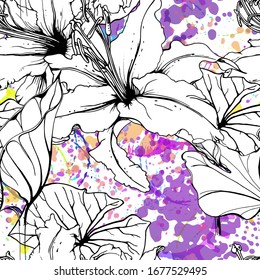 Artistic Floral Seamless Pattern. Outline Flowers Surface. Botanical Vector Motif. Blooming on Watercolor Texture For Fashion. Drawing Abstract Leaf. Trends Tropic Background. Black and White Print.