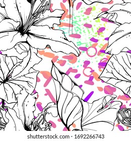Artistic Floral Seamless Pattern. Outline Flowers Surface. Botanical Vector Motif. Blooming on Watercolor Texture For Fashion. Drawing Abstract Leaf. Trends Tropic Background. Black and White Print.