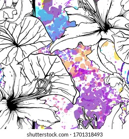 Artistic Floral Seamless Pattern. Outline Flowers Surface. Botanical Vector Motif. Blooming on Watercolor Texture For Fashion. Drawing Abstract Leaf. Trends Tropic Background. Black and White Print.