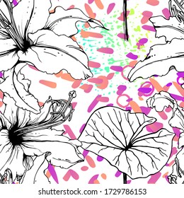Patrón artístico floral sin soldadura. Superficie de las flores de contorno. Vector Botánico Motif. Florecer en la textura acuarela para la moda. Dibujar Hoja Resumen. Tendencias Trópicas Antecedentes. Impresión en blanco y negro.