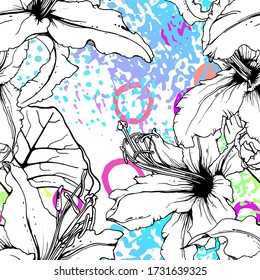 Artistic Floral Seamless Pattern. Outline Flowers Surface. Botanical Vector Motif. Blooming on Watercolor Texture For Fashion. Drawing Abstract Leaf. Trends Tropic Background. Black and White Print.