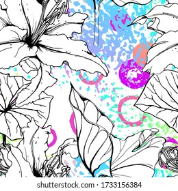 Artistic Floral Seamless Pattern. Outline Flowers Surface. Botanical Vector Motif. Blooming on Watercolor Texture For Fashion. Drawing Abstract Leaf. Trends Tropic Background. Black and White Print.