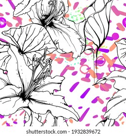 Artistic Floral Seamless Pattern. Outline Flowers Surface. Botanical Vector Motif. Blooming on Watercolor Texture For Fashion. Drawing Abstract Leaf. Trends Tropic Background. Black and White Print.