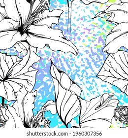 Artistic Floral Seamless Pattern. Outline Flowers Surface. Botanical Vector Motif. Blooming on Watercolor Texture For Fashion. Drawing Abstract Leaf. Trends Tropic Background. Black and White Print.