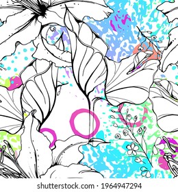Artistic Floral Seamless Pattern. Outline Flowers Surface. Botanical Vector Motif. Blooming on Watercolor Texture For Fashion. Drawing Abstract Leaf. Trends Tropic Background. Black and White Print.