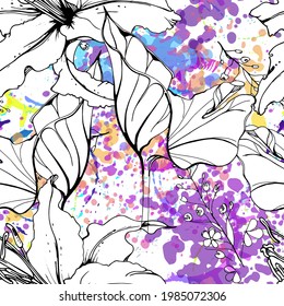 Artistic Floral Seamless Pattern. Outline Flowers Surface. Botanical Vector Motif. Blooming on Watercolor Texture For Fashion. Drawing Abstract Leaf. Trends Tropic Background. Black and White Print.