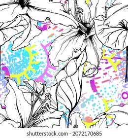 Patrón artístico floral sin soldadura. Superficie de las flores de contorno. Vector Botánico Motif. Florecer en la textura acuarela para la moda. Dibujar Hoja Resumen. Tendencias Trópicas Antecedentes. Impresión en blanco y negro.