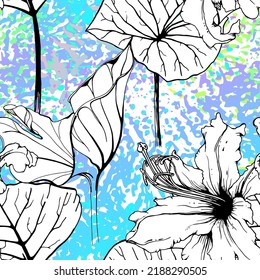 Artistic Floral Seamless Pattern. Outline Flowers Surface. Botanical Vector Motif. Blooming on Watercolor Texture For Fashion. Drawing Abstract Leaf. Trends Tropic Background. Black and White Print.