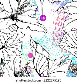 Artistic Floral Seamless Pattern. Outline Flowers Surface. Botanical Vector Motif. Blooming on Watercolor Texture For Fashion. Drawing Abstract Leaf. Trends Tropic Background. Black and White Print.