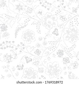 artistic floral seamless pattern / Vintage textures effect stylish background Illustration Daisy, rose, chamomile, branch, lavender, eucalyptus leaves, floral collage /  Trendy 2022 flowers  designs