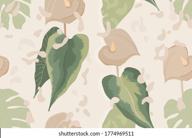 Artistic floral seamless vector pattern. Plants illustration pattern with leopard print. Natural colors. Fashionable template for design.