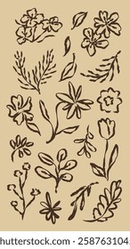 Artistic floral sketches with various flowers and leaves. Hand-drawn floral designs, featuring diverse flowers and leaves in an artistic style. Hand drawn botanical illustrations vector set.