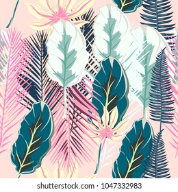 Artistic floral tropical vector pattern with pink palm plants and leafs