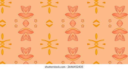 Artistic floral-inspired pattern with soft red and orange hues on a peach background. Hand-drawn symmetry creates a calming, decorative textile design.
