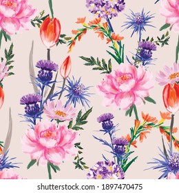 Künstlerische Blume handgemalt weiche und sanfte Stimmung nahtlose Muster blühend Blüte in vielen Sorten Og Blumen Vektor EPS10 , Design für alle grafischen Drucktypen auf hellrosa Hintergrund