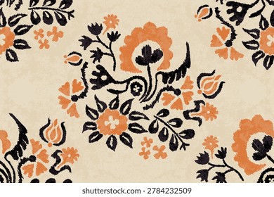 Artistic Folk Art Floral Pattern, Vintage Style Block Print Texture, Seamless Fabric Wallpaper, Decorative Ethnic Botanical Print in Terracotta and Black, Ikat Style Flowers Repeat for Textile Design