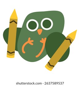 Artistic forest green bird in flat color style duel wielding two yellow crayons. Creative silly avian with emerald eyes. Perfect for stickers, icons, educational worksheets and booklets. EPS 10.