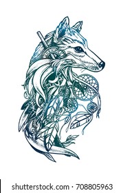 Artistic fox with Dreamcatcher. Graphic arts, dotwork