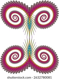 An artistic fractal image consisting of four symmetrical star-shaped spirals in bright colors and gradients