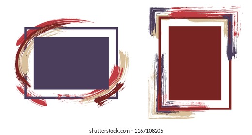 Artistic frames with paint brush strokes vector set. Box borders with painted brushstrokes backgrounds. Educational graphics design empty frame templates for banners, flyers, posters, cards.