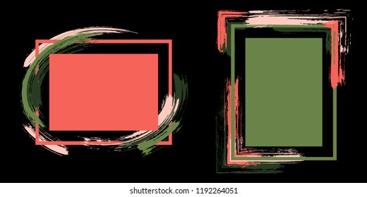 Artistic frames with paint brush strokes vector set. Box borders with painted brushstrokes on black. Advertising graphics design empty frame templates for banners, flyers, posters, cards.