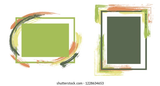 Artistic frames with paint brush strokes vector set. Box borders with painted brushstrokes backgrounds. Advertising graphics design flat frame templates for banners, flyers, posters, cards.