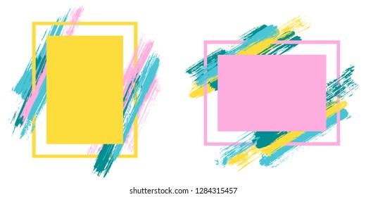 Artistic frames with paint brush strokes vector set. Box borders with painted brushstrokes backgrounds. Advertising graphics design empty frame templates for banners, flyers, posters, cards.