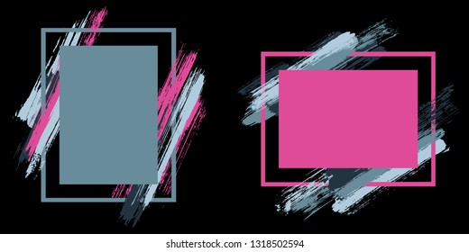 Artistic frames with paint brush strokes vector set. Box borders with painted brushstrokes on black. Educational graphics design flat frame templates for banners, flyers, posters, cards.