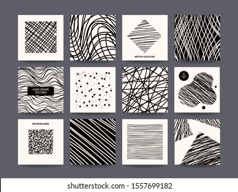 Artistic freehand black and white poster, flyer, social media story, web banner, business card, invitation. Vector design templates collection, hand drawn textures, paint dabs, abstract pattern.