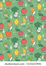 Artistic fruits and vegetables seamless pattern. Singers, dancers and musicians. Lemon, tomato, carrot, beetroot, broccoli, banana and avocado. Healthy food illustration. Image for kids design.