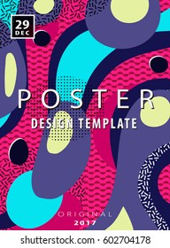 Artistic funky design for posters and placards. Bright and high contrast background of pop art, memphis and 80s style waves.