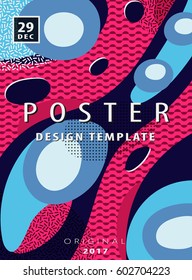 Artistic funky design for posters and placards. Bright and high contrast background of pop art, memphis and 80s style waves.
