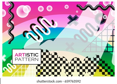 Artistic funky design for print products. Bright and high contrast background for poster, card, flyer, brochure and web design. Pop art, memphis and 80s style waves.