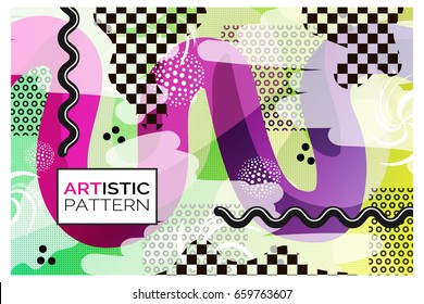 Artistic funky design for print products. Bright and high contrast background for poster, card, flyer, brochure and web design. Pop art, memphis and 80s style waves.