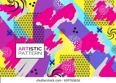 Artistic funky design for print products. Bright and high contrast background for poster, card, flyer, brochure and web design. Pop art, memphis and 80s style waves.