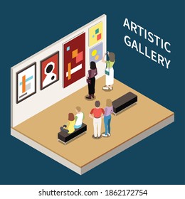 Artistic gallery isometric background with people looking pictures of modern artists vector illustration