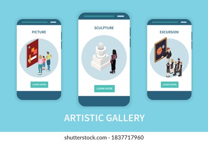 Artistic gallery mobile app concept with information about pictures sculptures and excursion   on smartphone screens isometric vector illustration